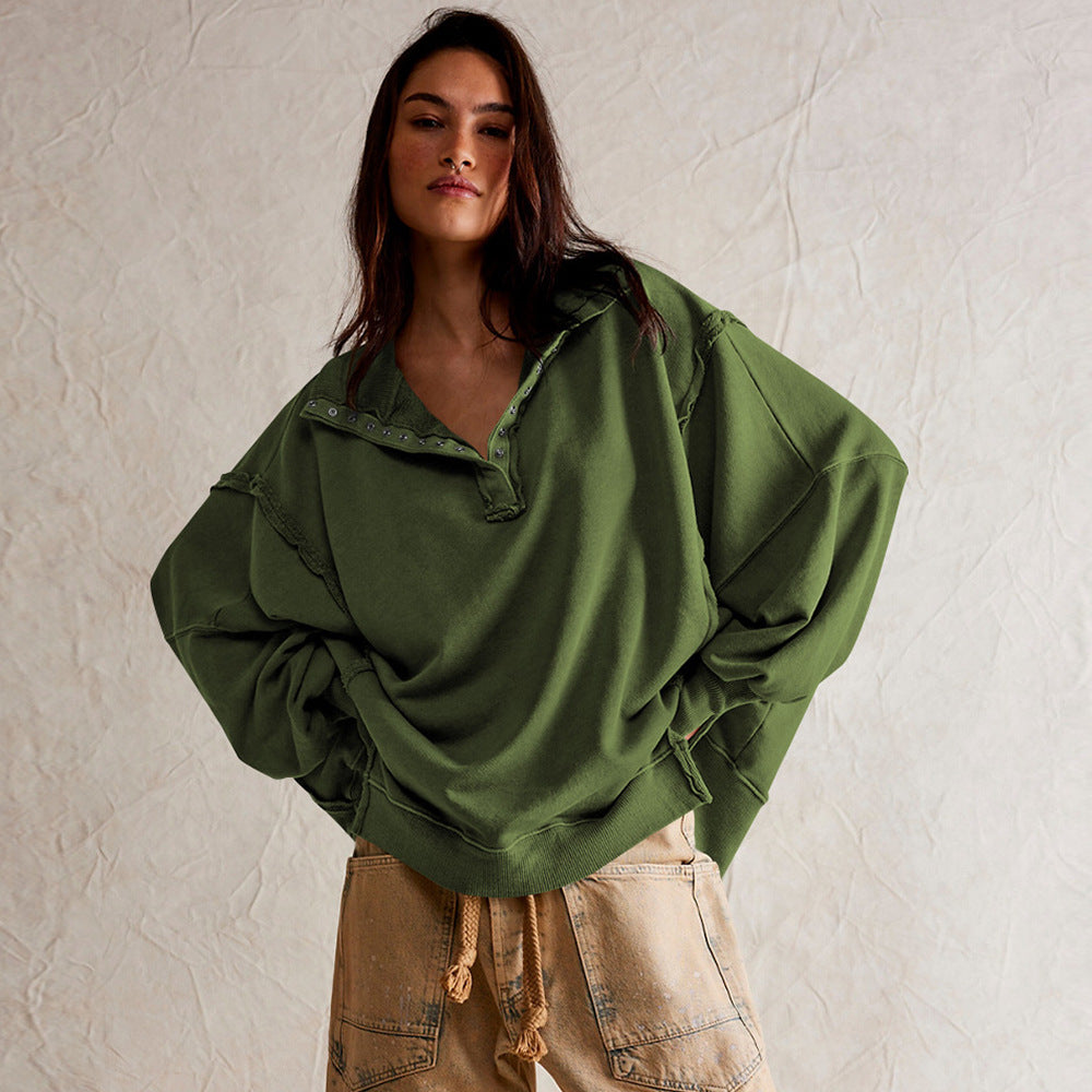 This is a high-quality, stylish women's wear with lantern sleeves, decorative lines, split lapels, and a loose sweatshirt