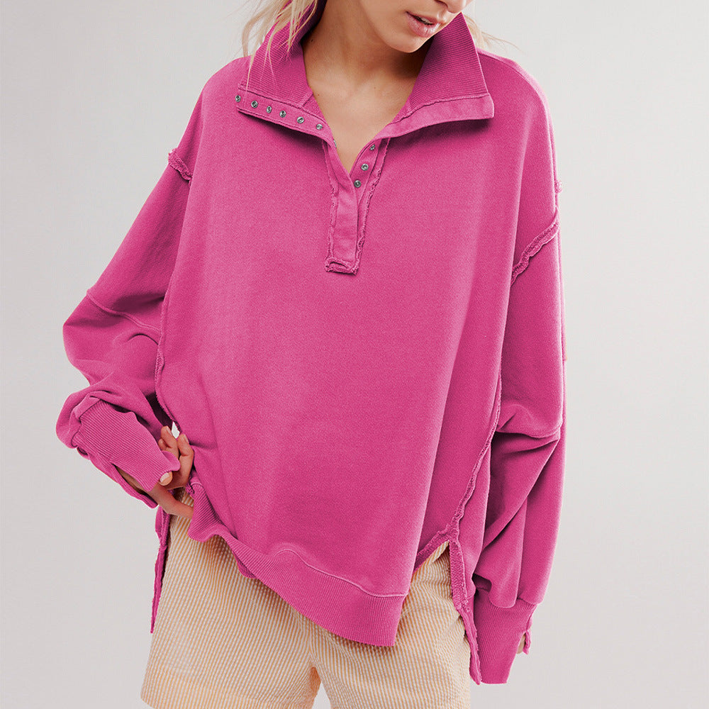 This is a high-quality, stylish women's wear with lantern sleeves, decorative lines, split lapels, and a loose sweatshirt