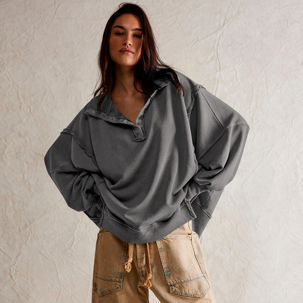 This is a high-quality, stylish women's wear with lantern sleeves, decorative lines, split lapels, and a loose sweatshirt