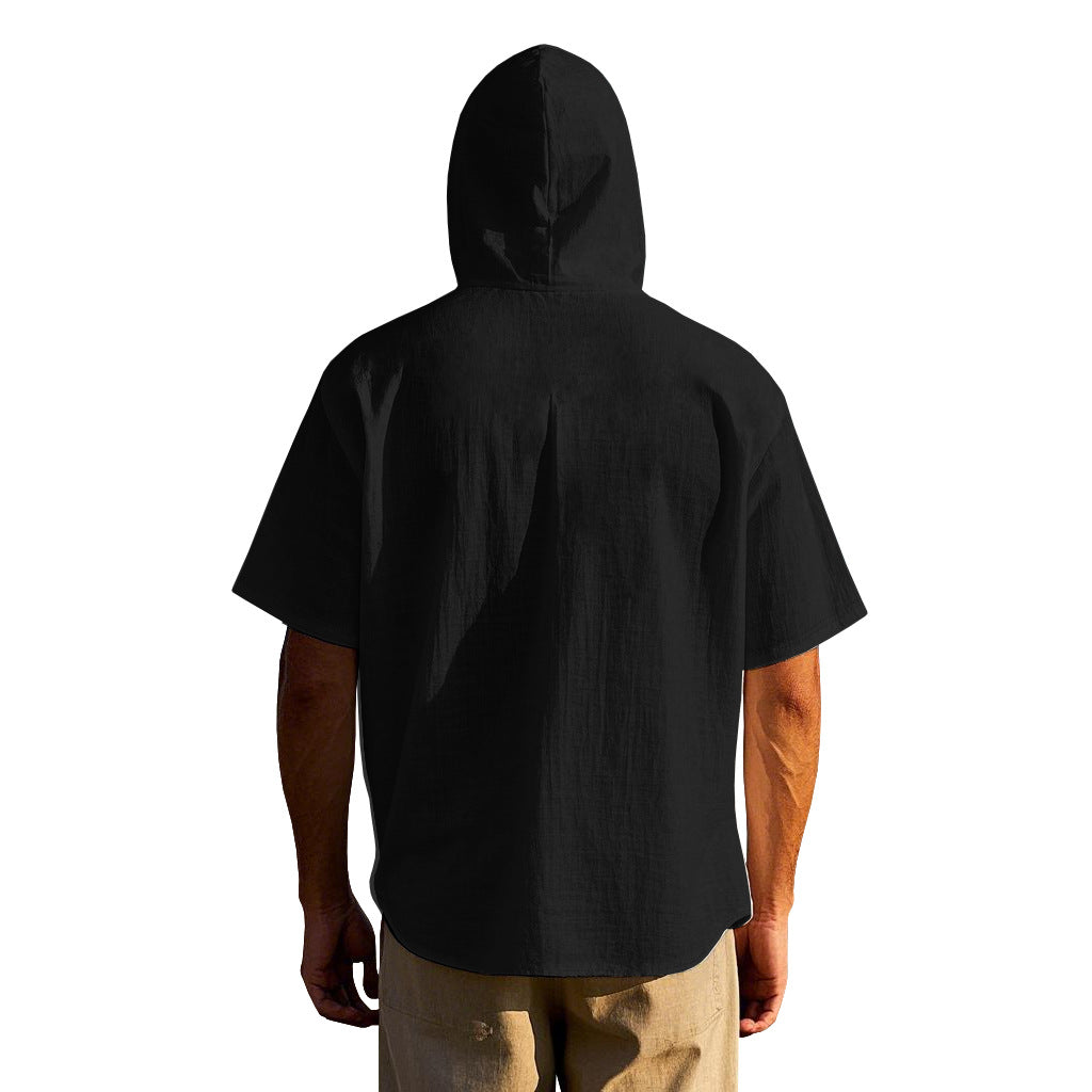Men's breathable linen loose hooded thin short-sleeved shirt