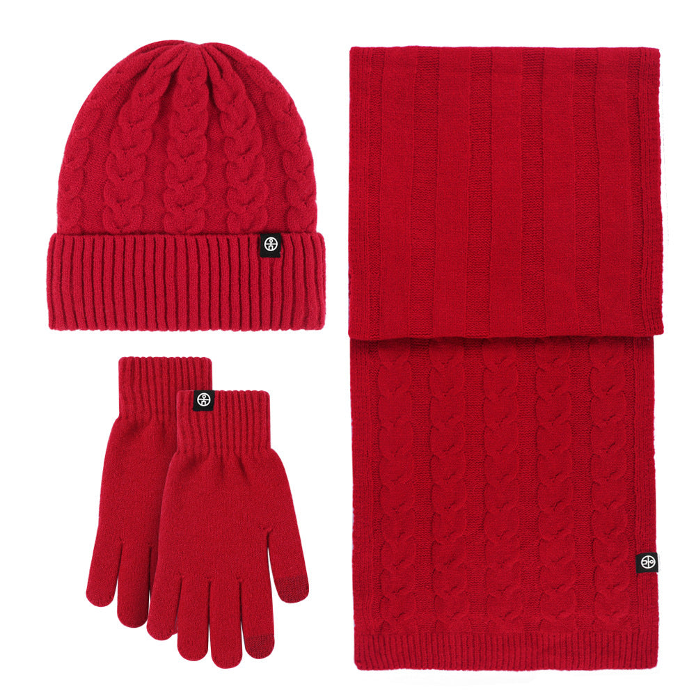Outdoor knitted hat, scarf and gloves three-piece set