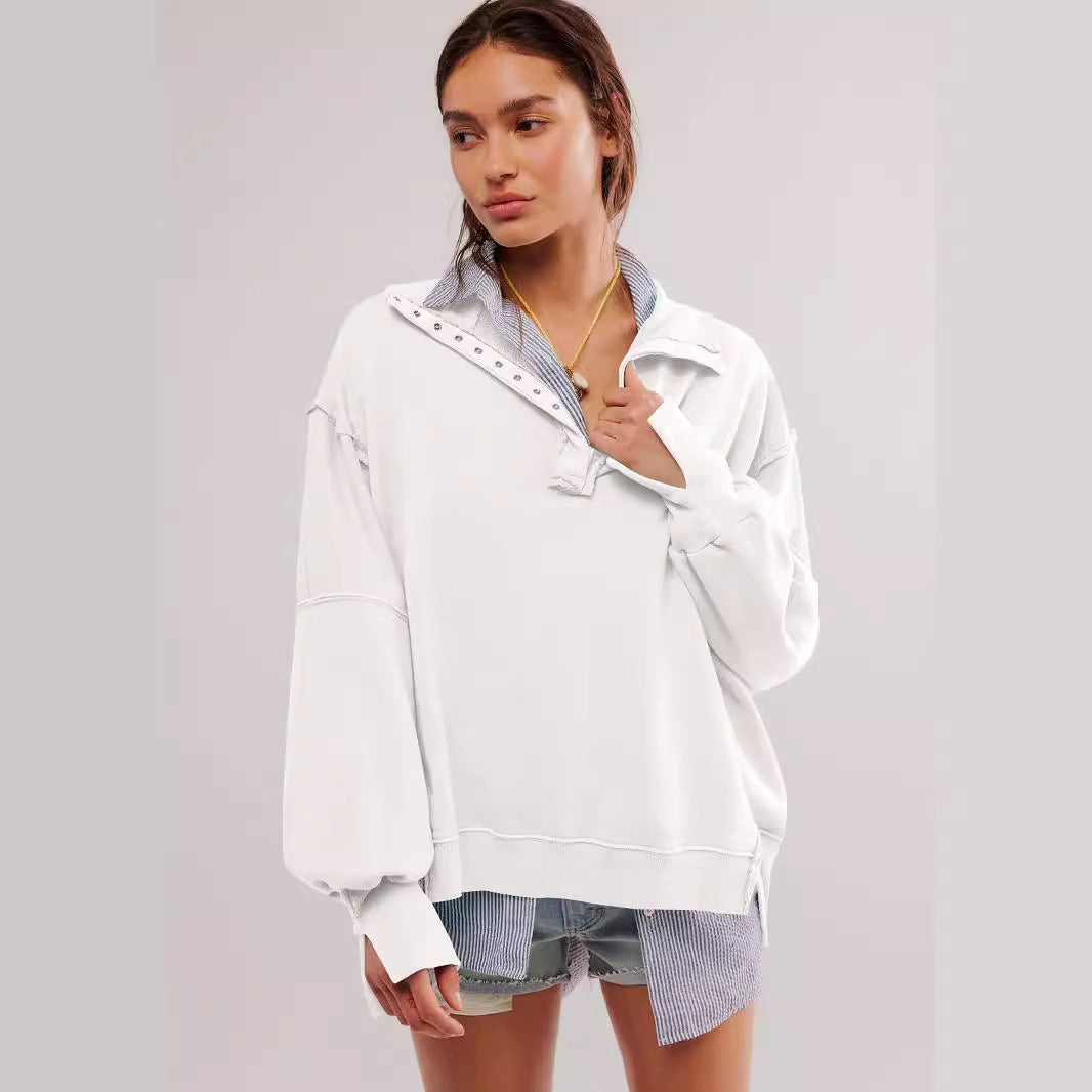 This is a high-quality, stylish women's wear with lantern sleeves, decorative lines, split lapels, and a loose sweatshirt