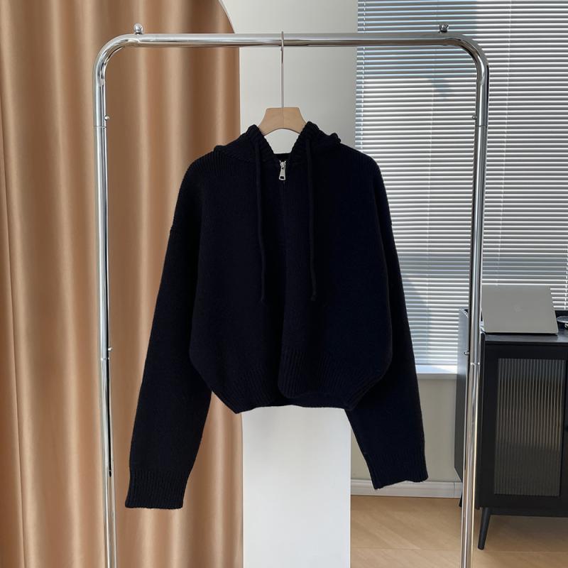 Hooded zip-up cardigan loose cropped coat