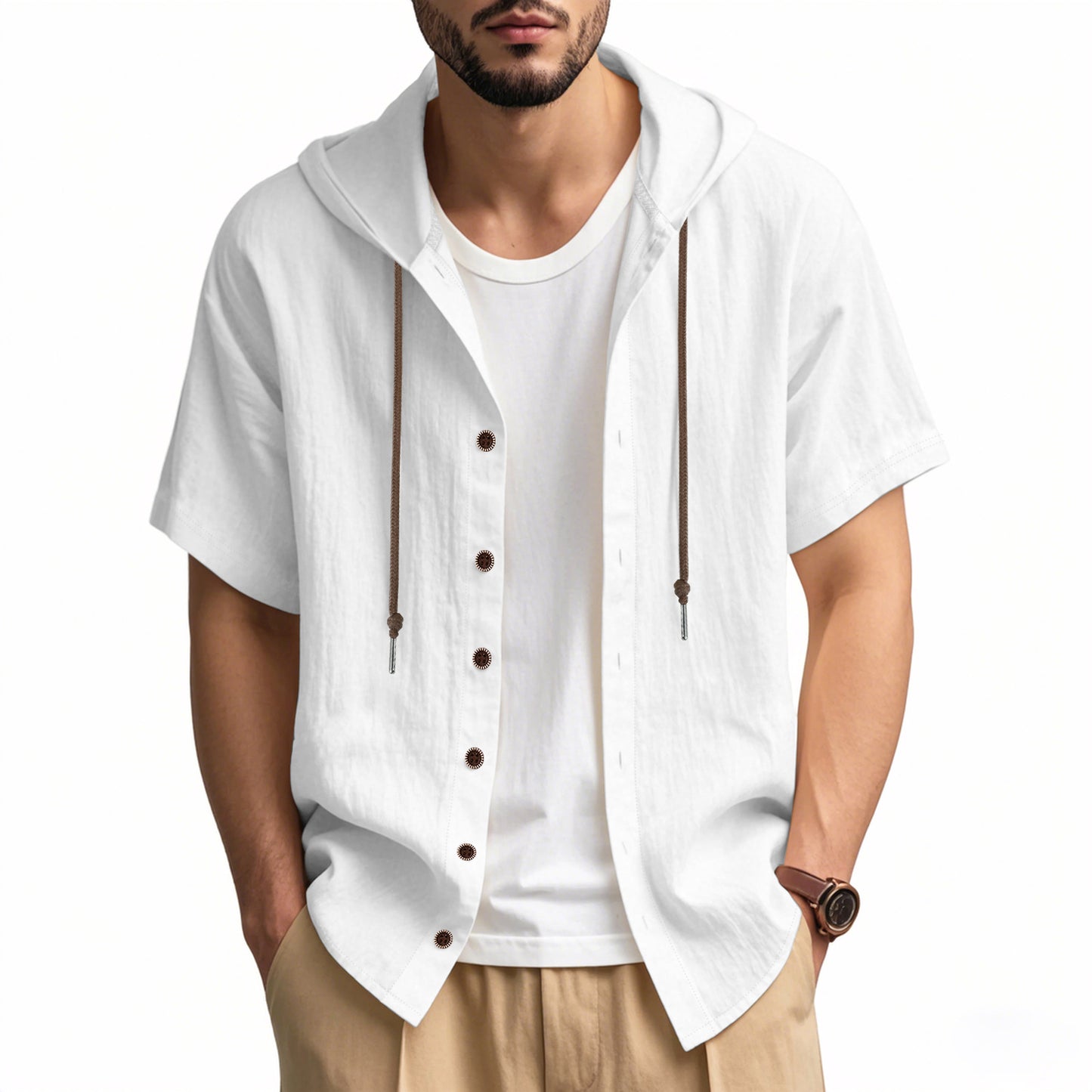 Men's breathable linen loose hooded thin short-sleeved shirt