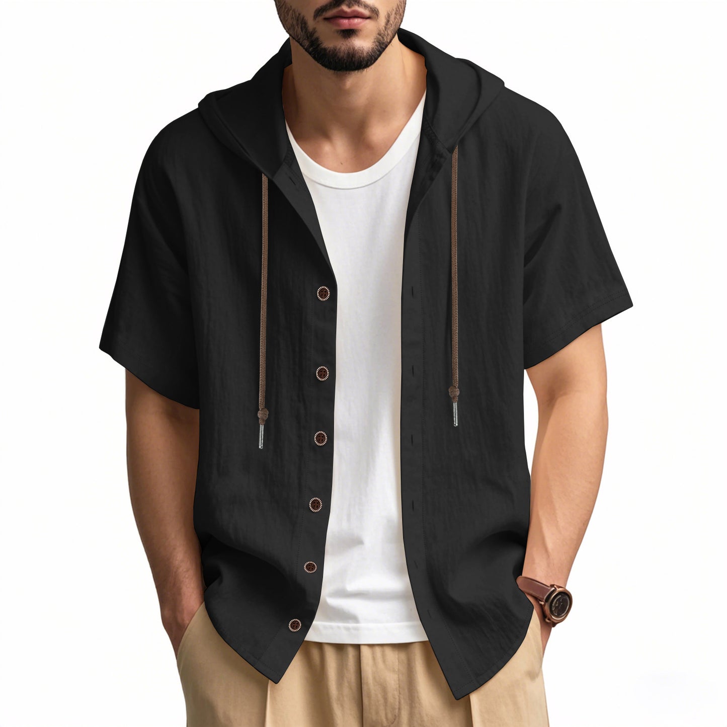 Men's breathable linen loose hooded thin short-sleeved shirt