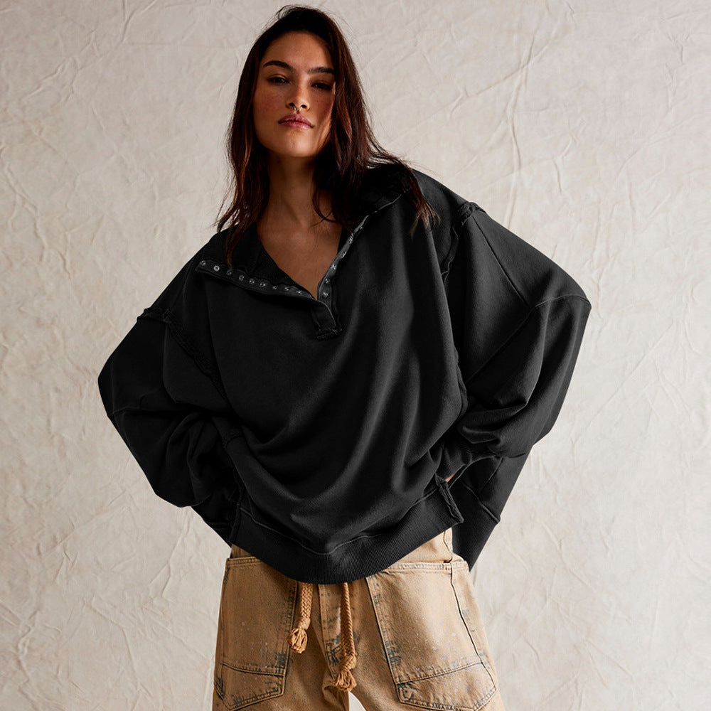 This is a high-quality, stylish women's wear with lantern sleeves, decorative lines, split lapels, and a loose sweatshirt