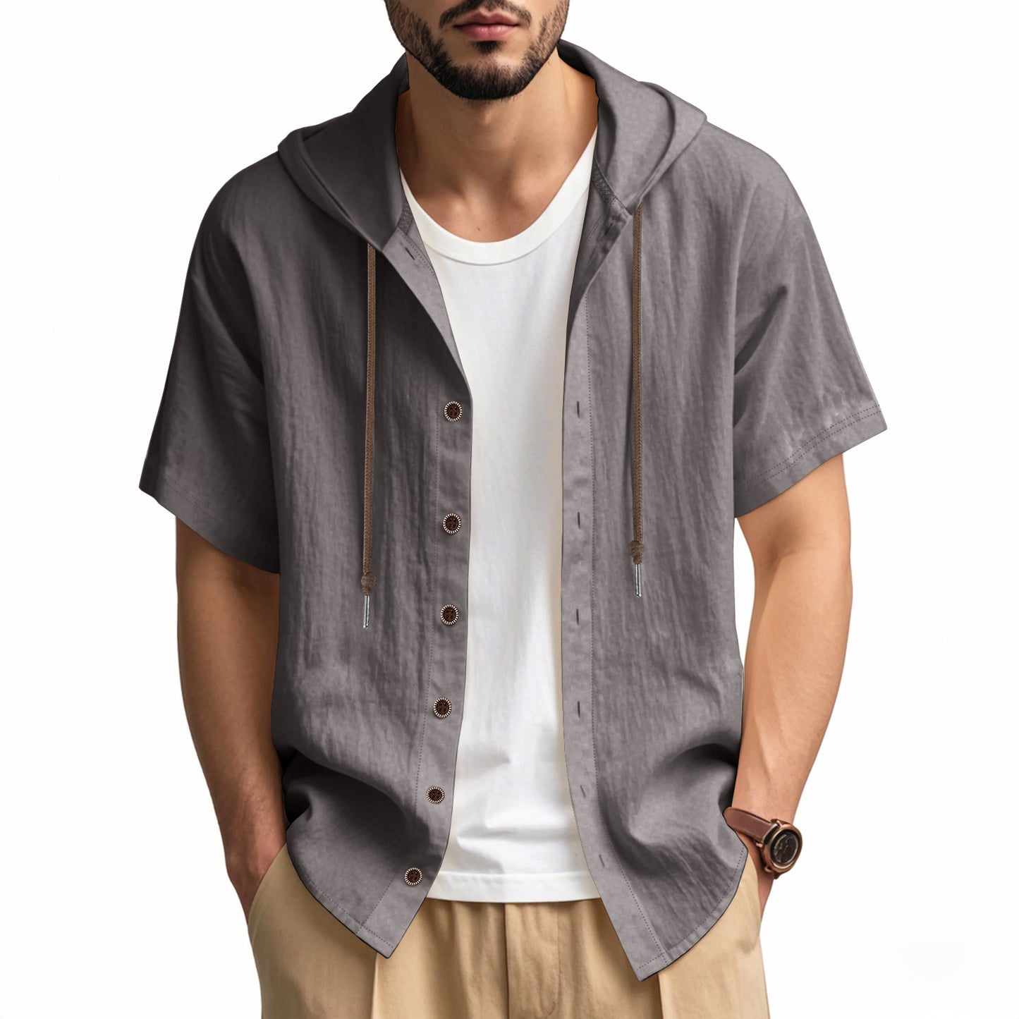Men's breathable linen loose hooded thin short-sleeved shirt