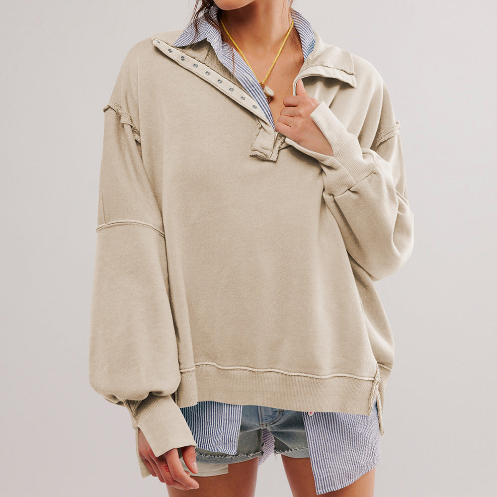 This is a high-quality, stylish women's wear with lantern sleeves, decorative lines, split lapels, and a loose sweatshirt