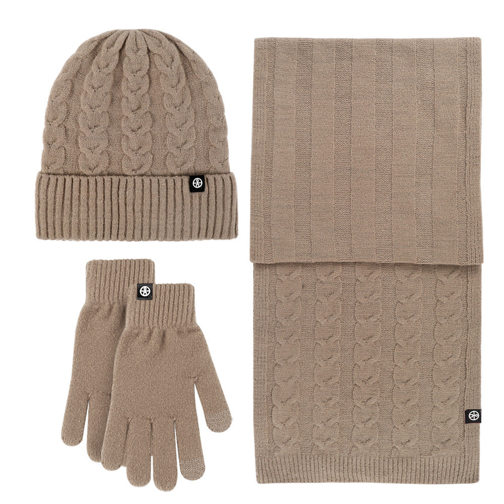 Outdoor knitted hat, scarf and gloves three-piece set