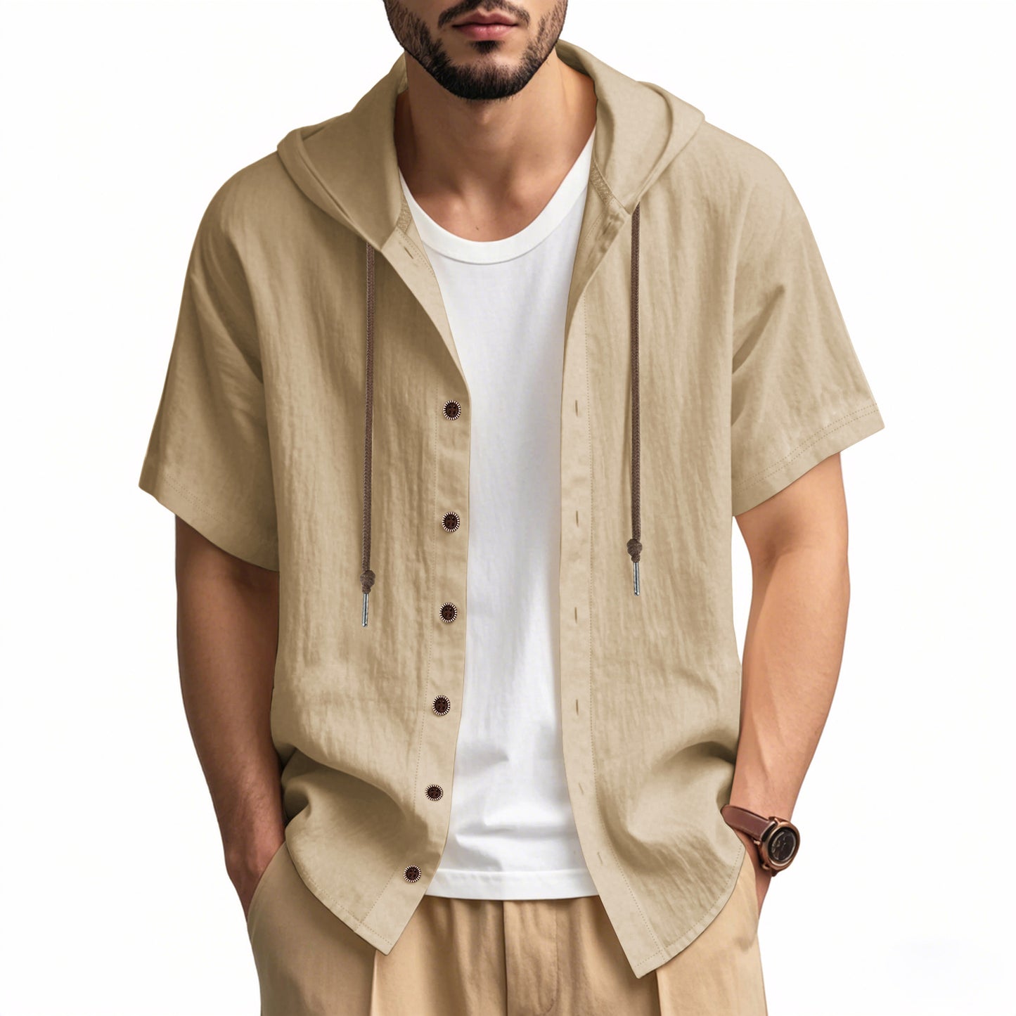 Men's breathable linen loose hooded thin short-sleeved shirt