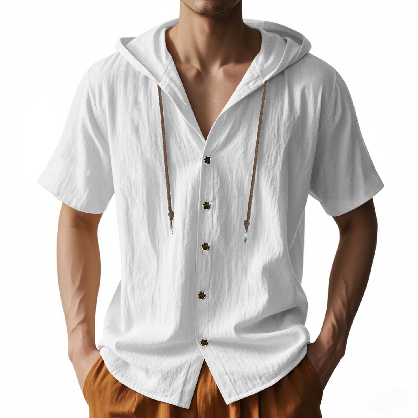 Men's breathable linen loose hooded thin short-sleeved shirt