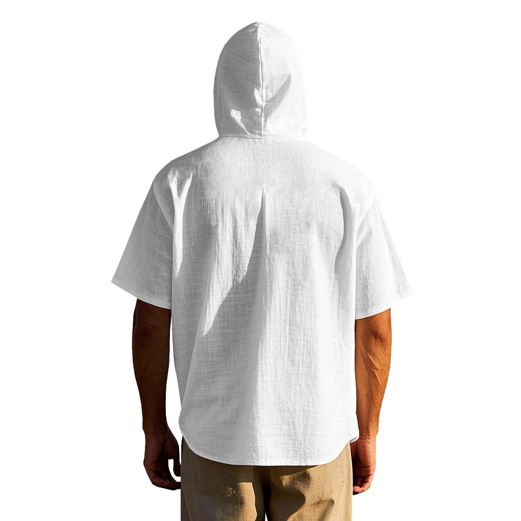 Men's breathable linen loose hooded thin short-sleeved shirt