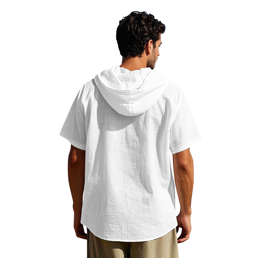 Men's breathable linen loose hooded thin short-sleeved shirt