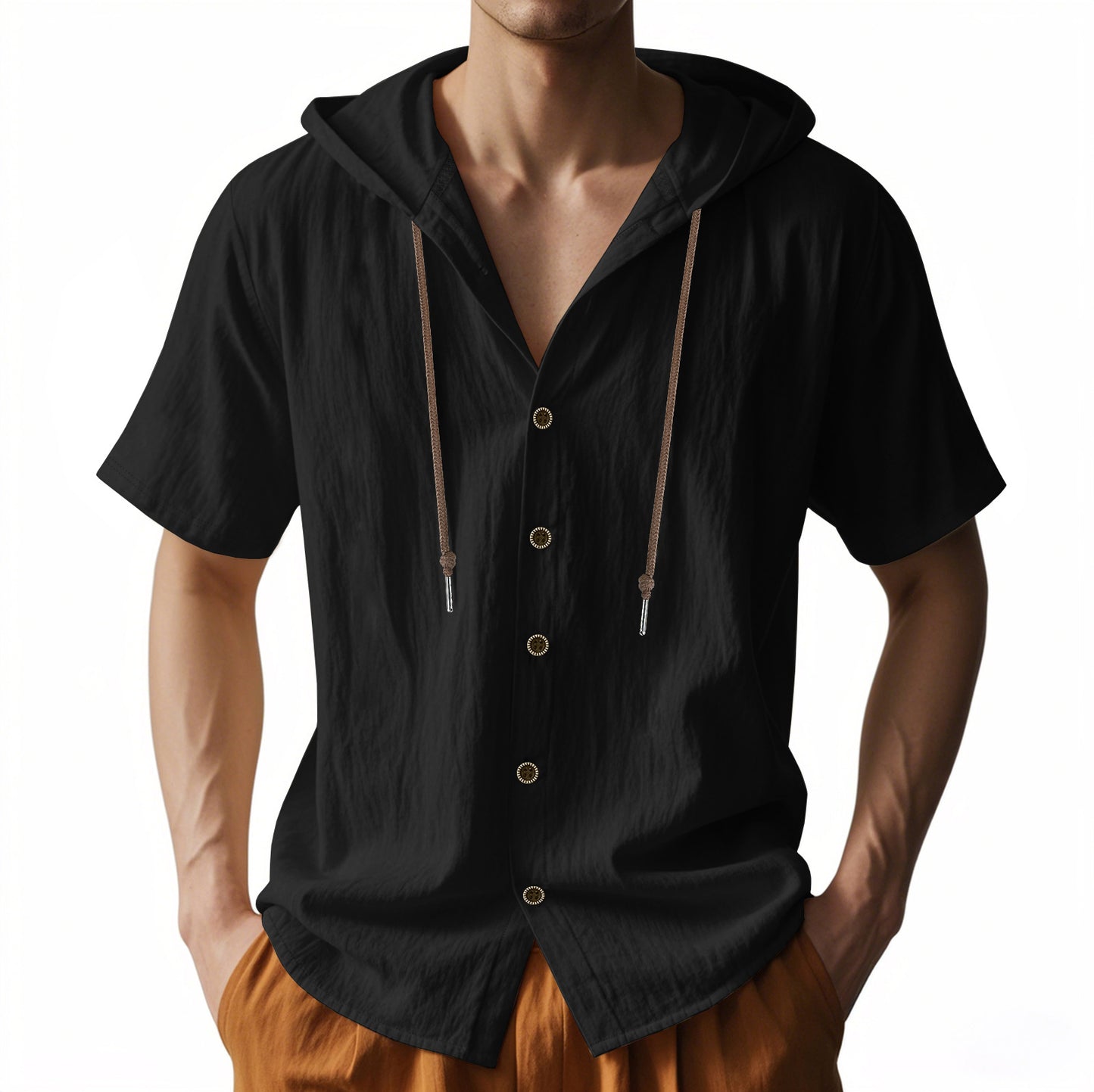 Men's breathable linen loose hooded thin short-sleeved shirt