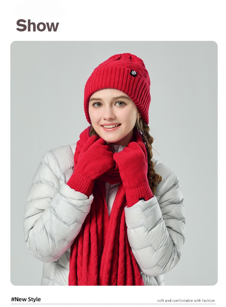 Outdoor knitted hat, scarf and gloves three-piece set