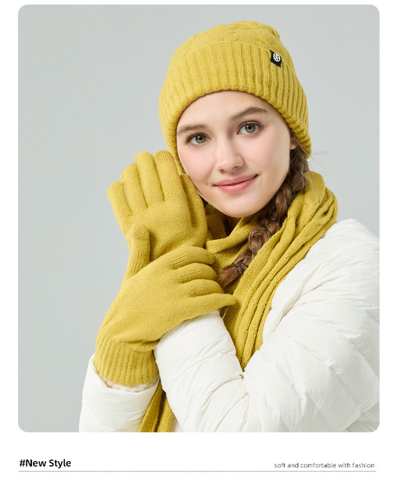 Outdoor knitted hat, scarf and gloves three-piece set