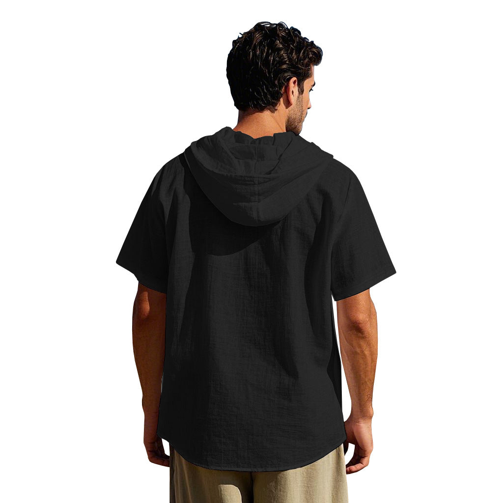 Men's breathable linen loose hooded thin short-sleeved shirt