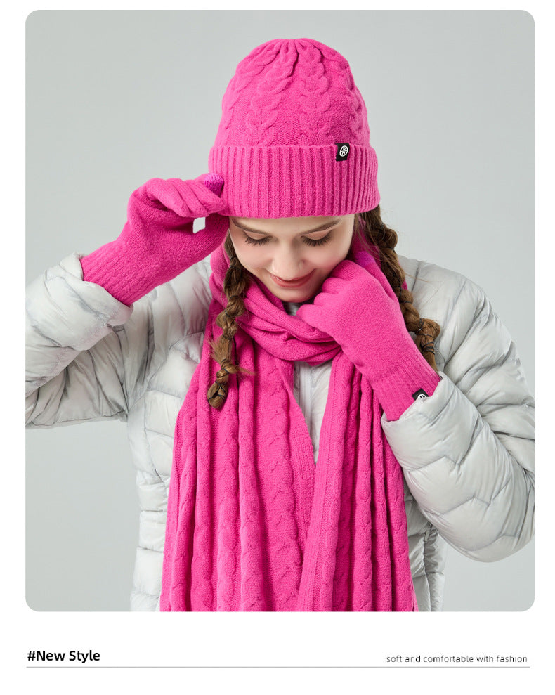 Outdoor knitted hat, scarf and gloves three-piece set