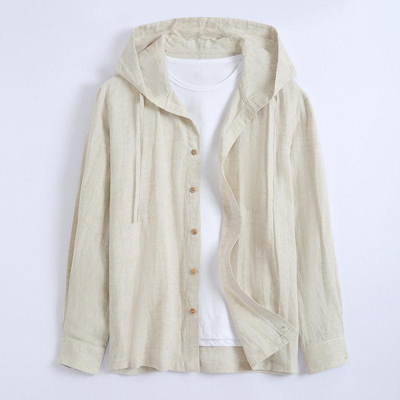 Solid-colored men's loose and thin hooded linen shirt