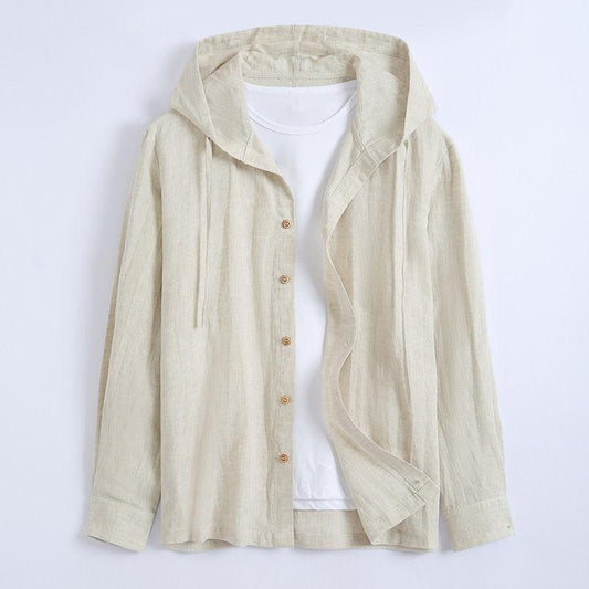 Solid-colored men's loose and thin hooded linen shirt