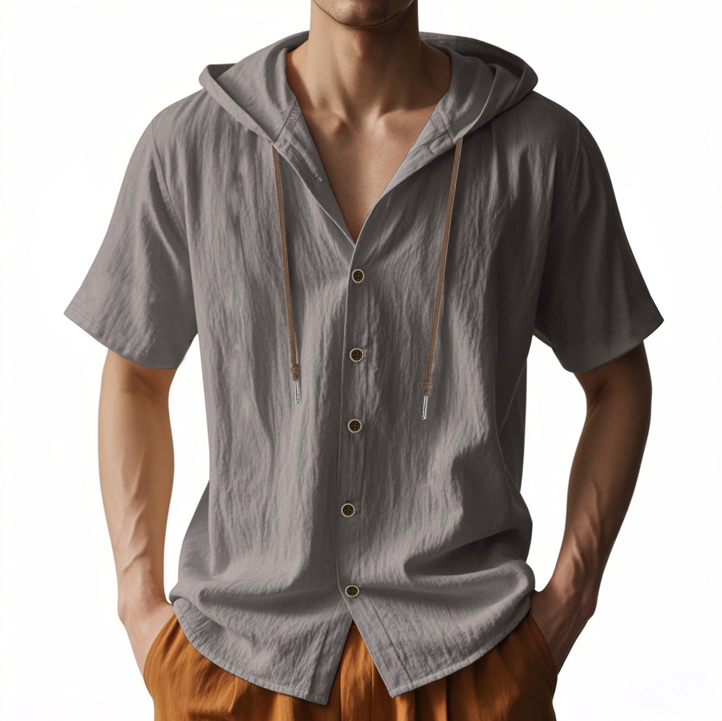 Men's breathable linen loose hooded thin short-sleeved shirt