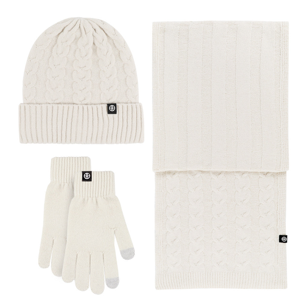 Outdoor knitted hat, scarf and gloves three-piece set