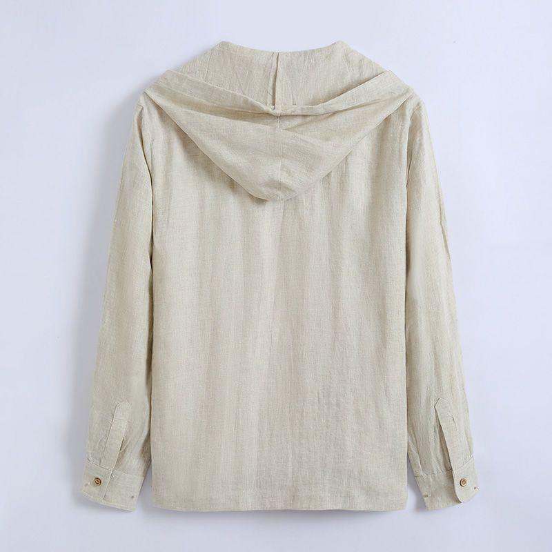 Solid-colored men's loose and thin hooded linen shirt