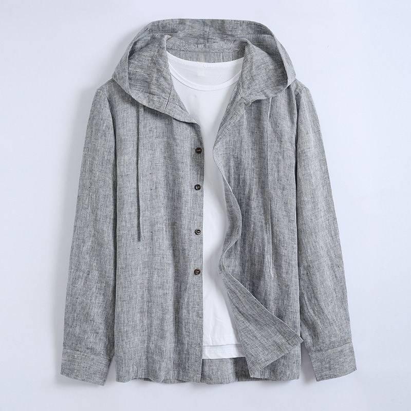 Solid-colored men's loose and thin hooded linen shirt