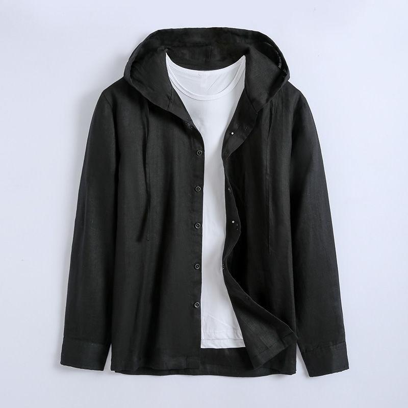 Solid-colored men's loose and thin hooded linen shirt