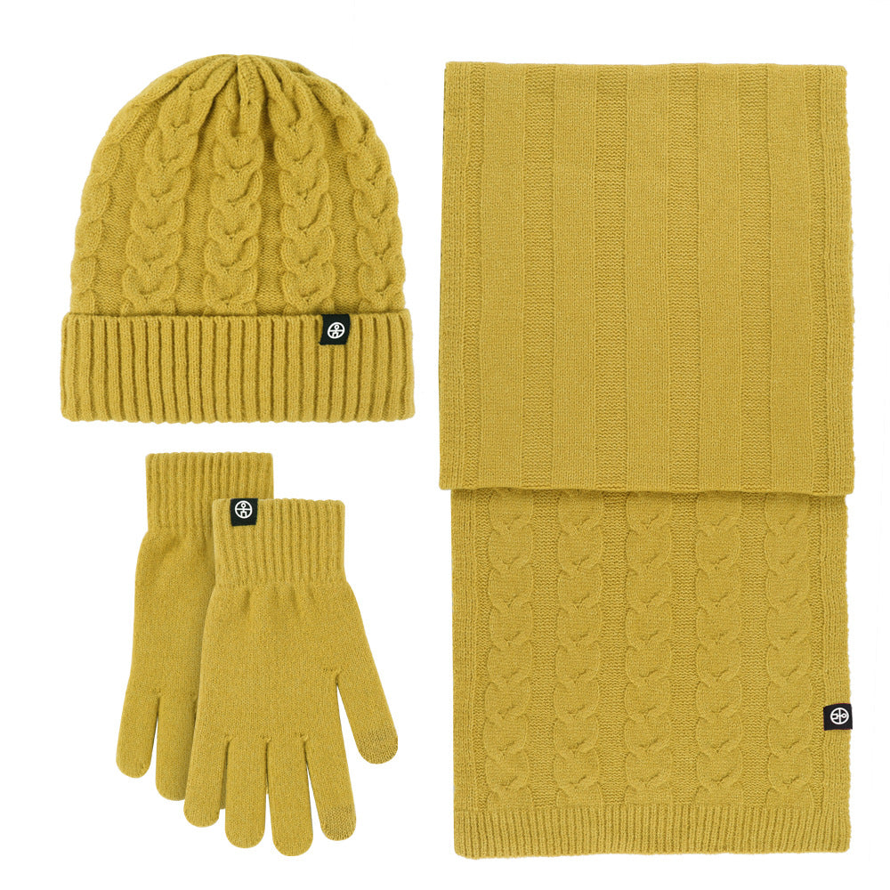 Outdoor knitted hat, scarf and gloves three-piece set