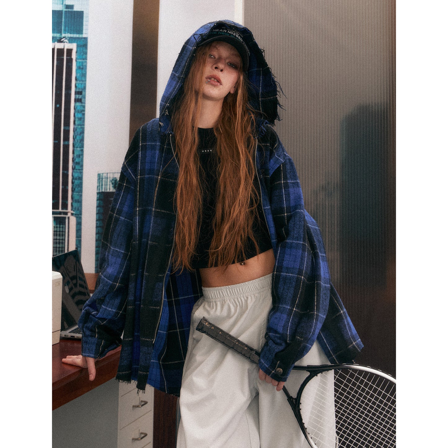 Vintage plaid hooded long-sleeved woolen shirt