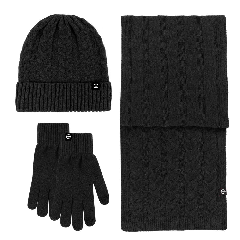 Outdoor knitted hat, scarf and gloves three-piece set