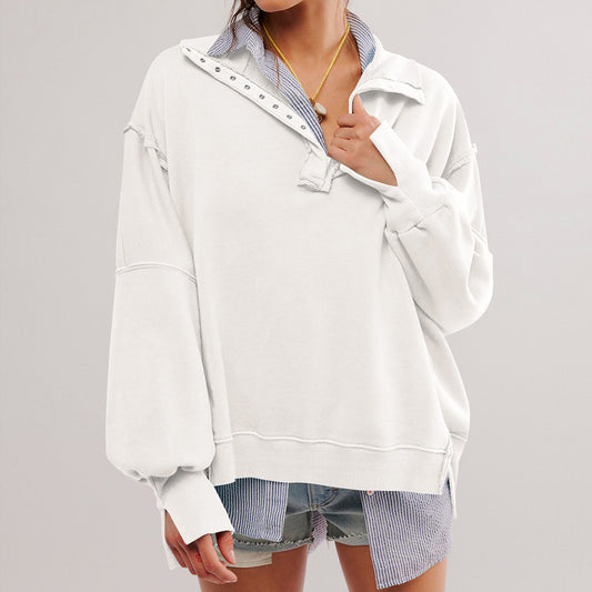 This is a high-quality, stylish women's wear with lantern sleeves, decorative lines, split lapels, and a loose sweatshirt